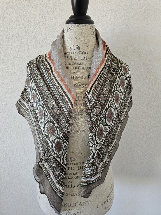 Vintage Accessories - Made In Italy Vintage Floral Medallion Square Scarf Taupe Peach Olive 34x34​
